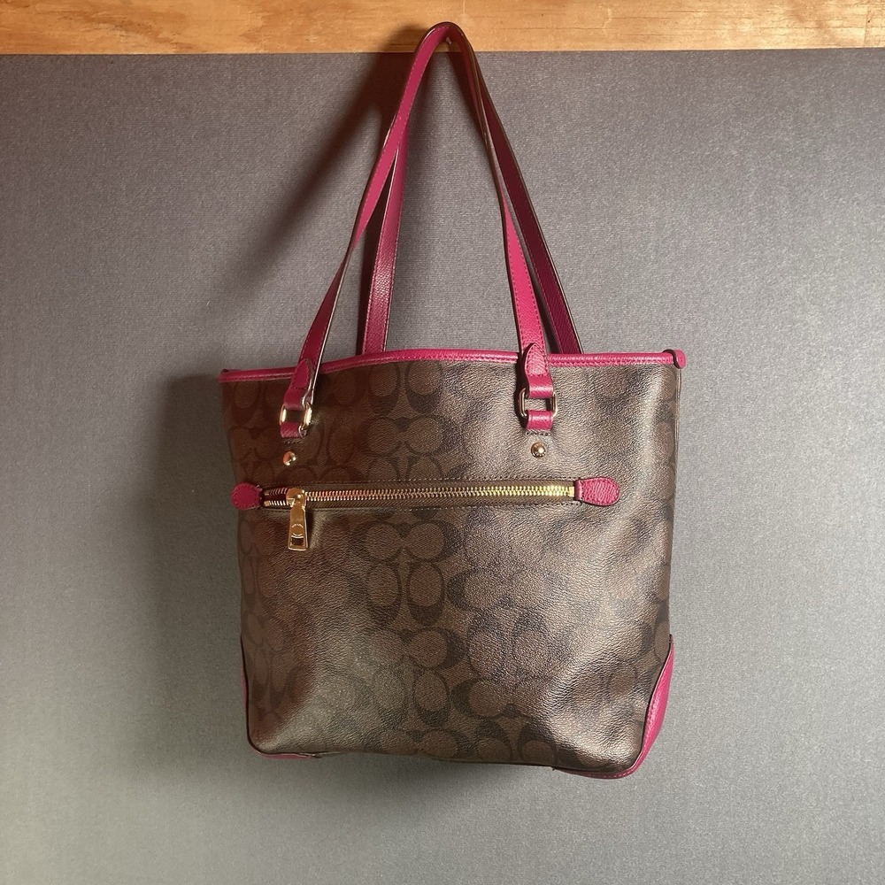 Coach Signature Zip Top Tote F34603 Brown Pink Canvas Leather Shoulder Bag